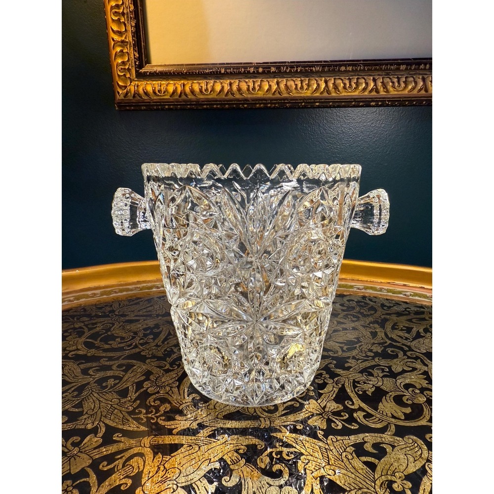 Vintage Pressed Glass "Hobstar‎ & Fan" Ice Bucket – Mid-Century Starburst Vase - Picture 11 of 11